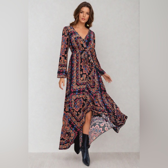 Floral Lantern Sleeve Ruffle Trim Wrap Dress - Picture 1 of 10